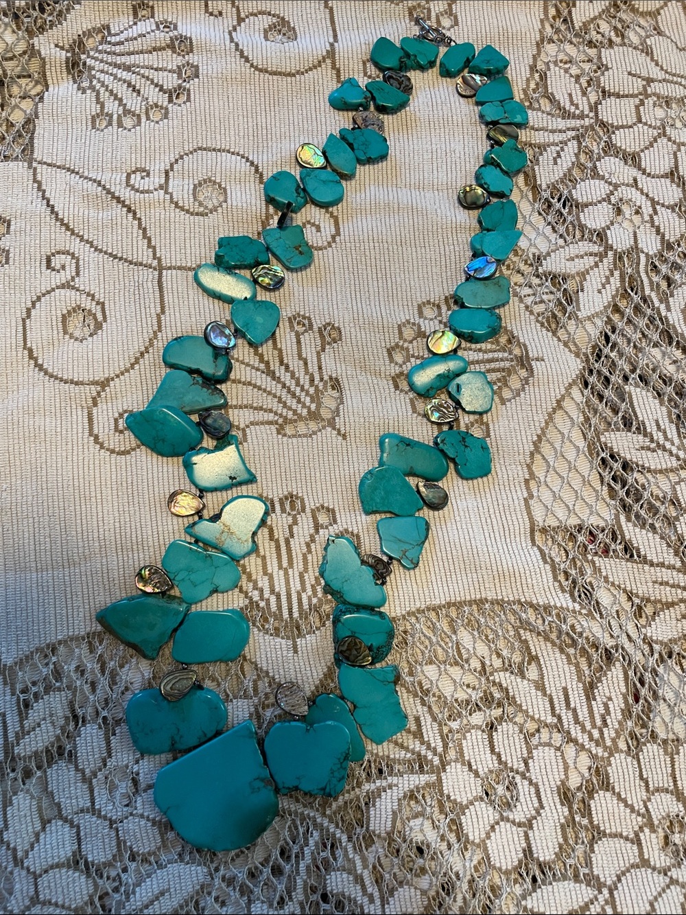 Vtg Sterling Silver 925 Southwestern Slab Turquoise & Abalone Statement Necklace